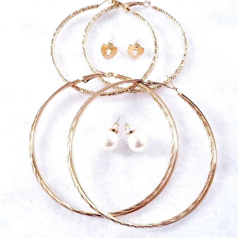 4 Sets of Gold Tone Women's Pierced Earrings Hoops Studs